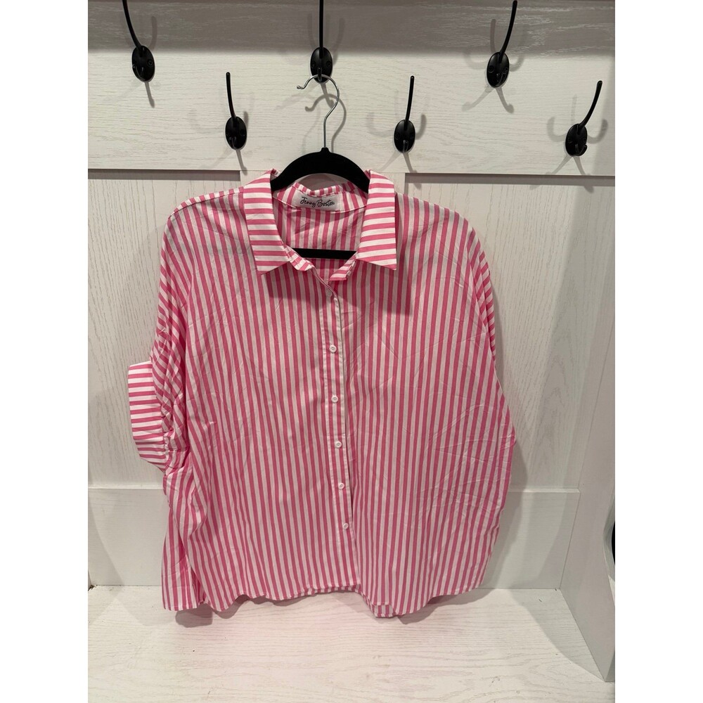 Jenny Boston size large pink white stripe button down shirt
